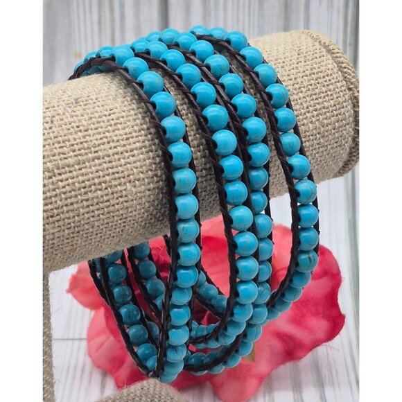 Victoria Emerson Blue Turquoise Stone Beads Brown Leather Cord Wrap Bracelet 36" - Picture 5 of 11